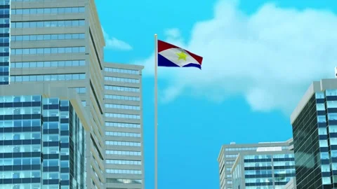 Saba Flag 3D Render Animation with Urban Architecture and Clear Blue Sky Video stock 333045698