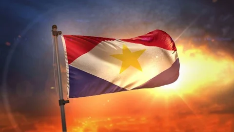 Saba Flag Backlit At Beautiful Sunrise Loop Slow Motion 4K Stock Footage 76688935