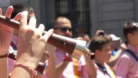 Sabadell Band play Toc de Castells during a Casteller performance Stock Footage 80439853