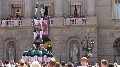 Sabadell Castellers during a performance in front Barcelona City Council Stock Footage 80439794
