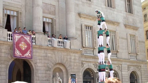Sabadell Castellers during a performance in front City Council of Barcelona Stock Footage 80439808