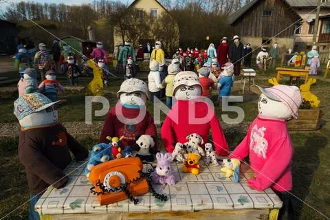 SABILE, LATVIA - APRIL 21, 2019: Small artificial city of dolls in Sabile Stock Photos
