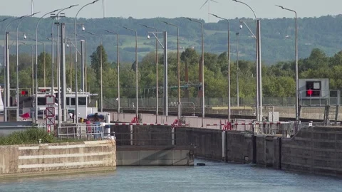 Sablons Lock closes behind boat on the River Rhone, France Stock Footage 285649304