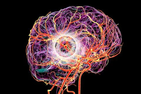 A saccular brain aneurysm, 3D illustration Stock Illustration