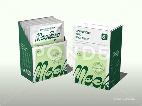 Sachet and Box Packaging Mockup 3D Rendering. Sachet Sshowcase Inside. PSD Template