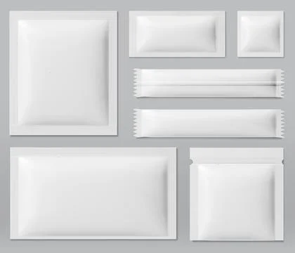 Sachet mockup set with blank white foil pouches Stock Illustration