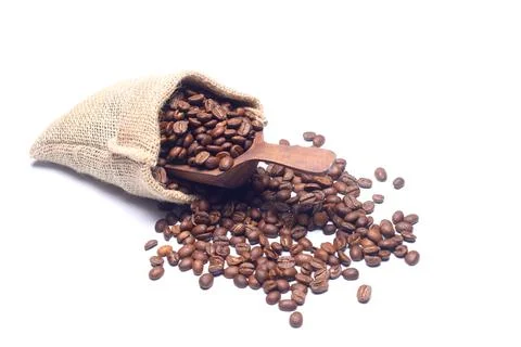 Sack and roasted coffee beans on white background Stock Photos