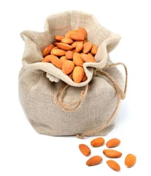 Sack bag full of almonds Stock Photos