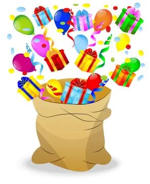 Sack with bright gift boxes and serpentine Stock Illustration