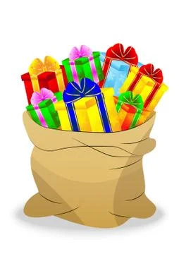 Sack with bright gift boxes Stock Illustration