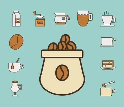Sack with bundle of coffee set fill style icons Illustrazione stock