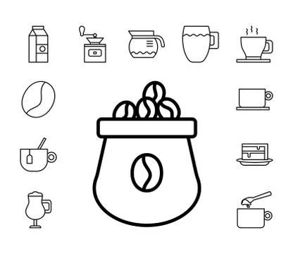 Sack with bundle of coffee set line style icons Illustrazione stock