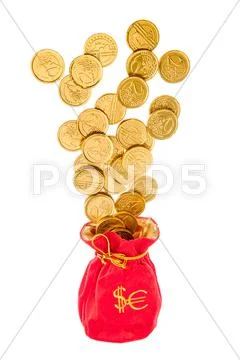 Sack with euro and dollars coins Stock Photos