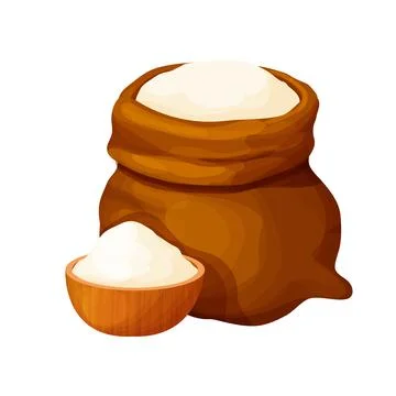 Sack with flour, wheat powder, open bag with wooden bowl in cartoon style farm Stock Illustration