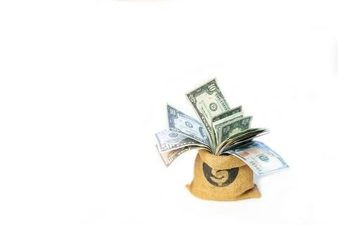 Sack full of dollar bill a saving concept on isolate white background. Stock Photos