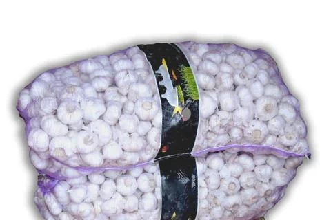 Sack of garlic in white Background. Stock Photos