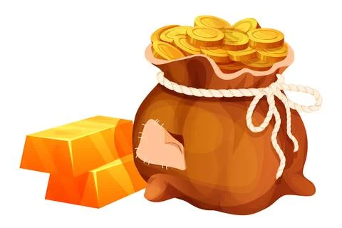Sack with gold coins, stack of golden bricks, shiny treasure in cartoon style 스톡 일러스트