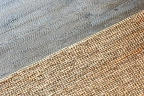 Sack pattern canvas sack cloth on wood table Stock Photos