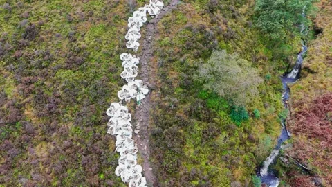 Sack of rocks, rubble lining a pathway on the pennine way trail in the UK. .. 库存影片 261032827