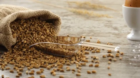 Sack of wheat, egg, butter, and fresh baguettes on a rustic wooden table Stock Footage 70030929