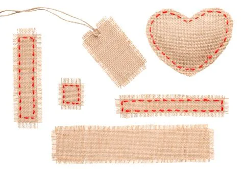 Sackcloth Heart Shape Patch Tag Label Object with Stitches Seam, Burlap Stock Photos