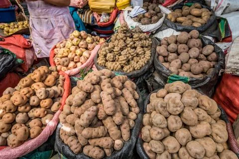 Sacks of different type of potatoes in a Peru marketplace Stock Photos