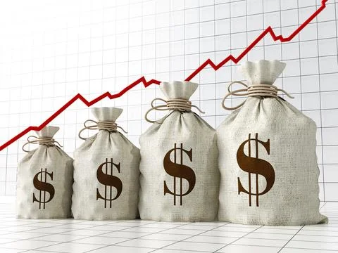 Sacks with Dollar symbol under rising arrow growing in size. 3D illustration 库存插图