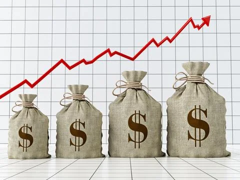 Sacks with Dollar symbol under rising arrow growing in size. 3D illustration 库存插图