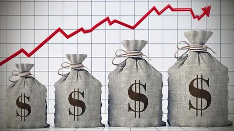 Sacks with Dollar symbol under rising arrow growing in size. 3D illustration Stockillustratie