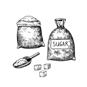 Sacks with flour or sugar, cubes of sugar lump and scoop. Hand drawn black .. Stock Illustration