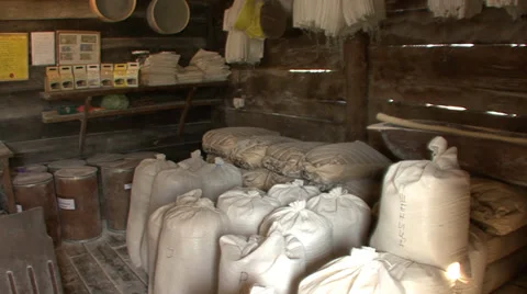 Sacks of grains ready for grinding in old watermill Stock-Footage 35958199