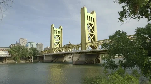 Sacramento Golden Tower Bridge from Sacramento River Stock Footage