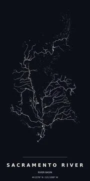 Sacramento River Basin Watershed Map Line Art Dark Poster Stock Illustration