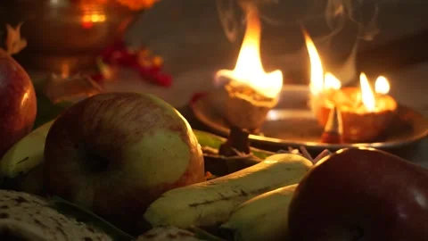 Sacred Diya Flame in Front of Hindu Deities During Worship, Chhath pooja Kh.. Stock Footage 330572555