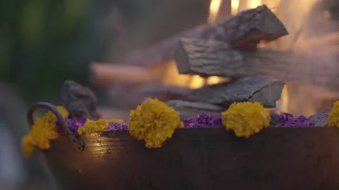 Sacred Fire Ritual Setup with Marigold Flowers and Burning Wood in Bali Stock Footage 308991320