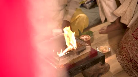 Sacred Flames: A Glimpse of the Havan Kund in Indian Weddings Stock Footage 337627587