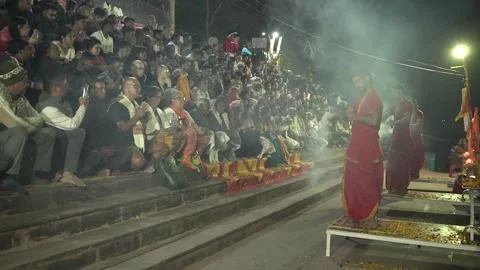 Sacred Ganga Aarti with Devotees in Rishikesh India Stock Footage 337625355