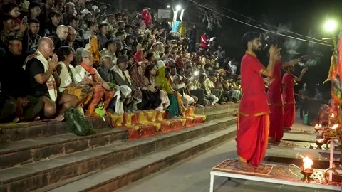 Sacred Ganga Aarti with Devotees in Rishikesh India Stock Footage 337633188