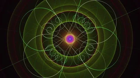 Sacred Geometry Neon Mandala and Rotating Quantum Rings Loop Stock Footage 345970571