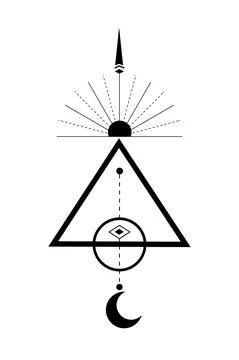 Sacred Geometry, Triangle logo with sun, crescent moon, alchemy esoteric 스톡 일러스트