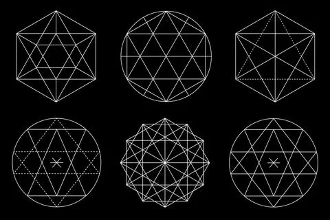 Sacred geometry vector design elements isolated on black background. Vector set 스톡 일러스트