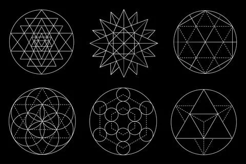 Sacred geometry vector design elements isolated on black background. Vector set 스톡 일러스트