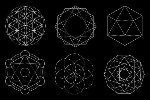Sacred geometry vector design elements isolated on black background. Vector set Illustrazione stock