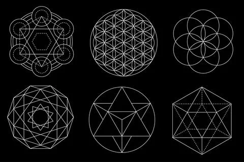 Sacred geometry vector design elements isolated on black background. Vector set 库存插图