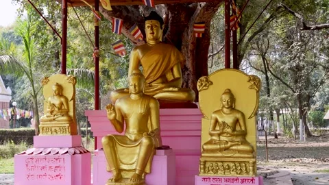 Sacred golden buddha statue in different holy position at monastery Stock Footage 314095940