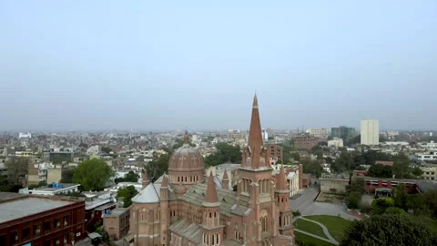Sacred Heart Cathedral, Lahore aerial view by descending drone Stock Footage