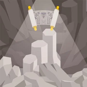Sacred manuscript in cave, magic artifact for game design, vector illustration Illustrazione stock