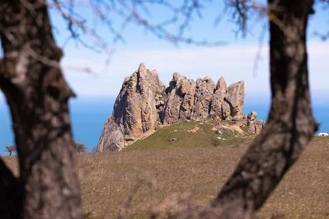 Sacred mountain Beshbarmag through tree trunks. Baku. Azerbaijan. Stock Photos