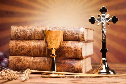 Sacred objects, bible, bread and wine Stock Photos