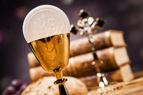 Sacred objects, bible, bread and wine Stock Photos